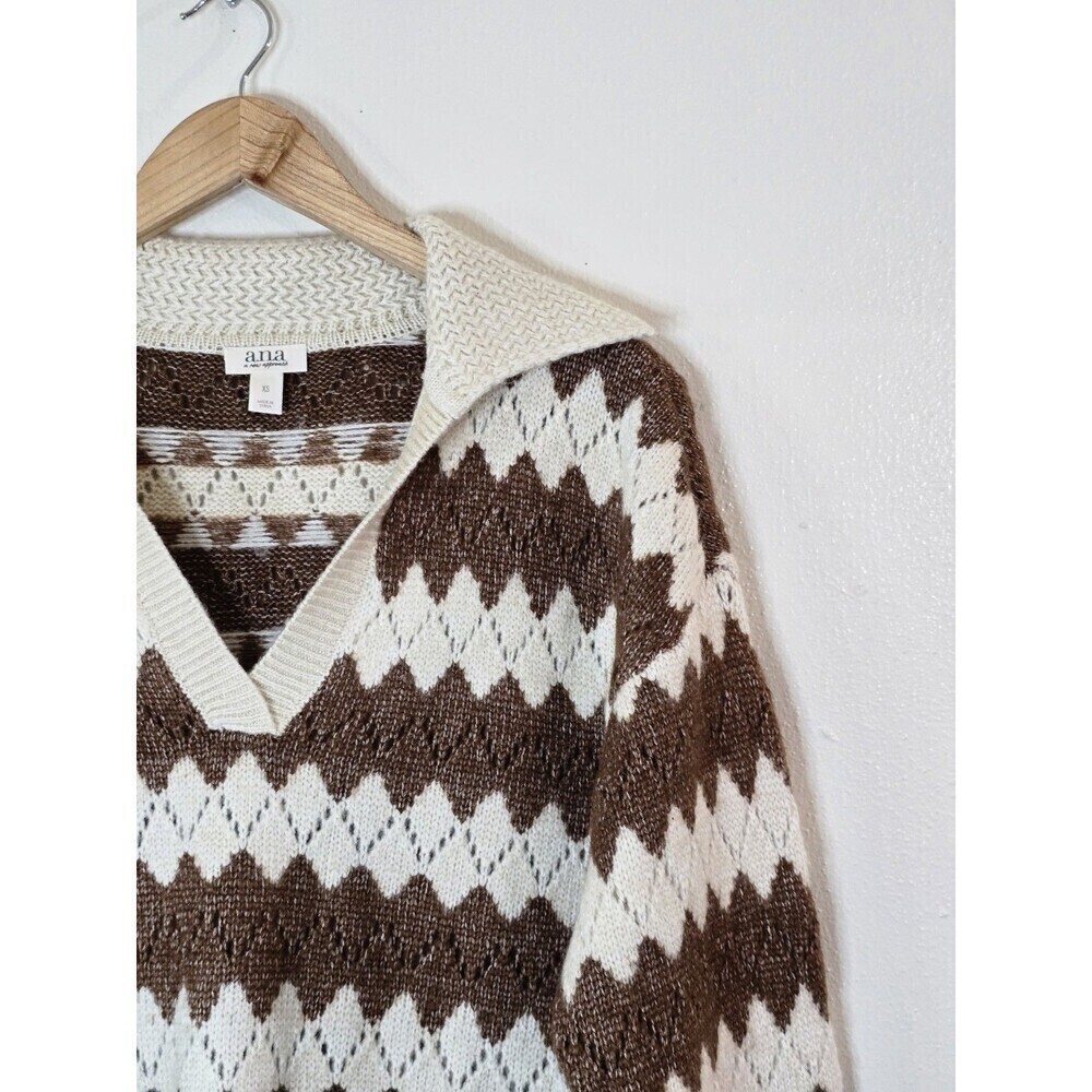 ANA A New Approach Chevron Sweater Womens XS Brown Cream Collared V Neck Knit - Picture 3 of 11